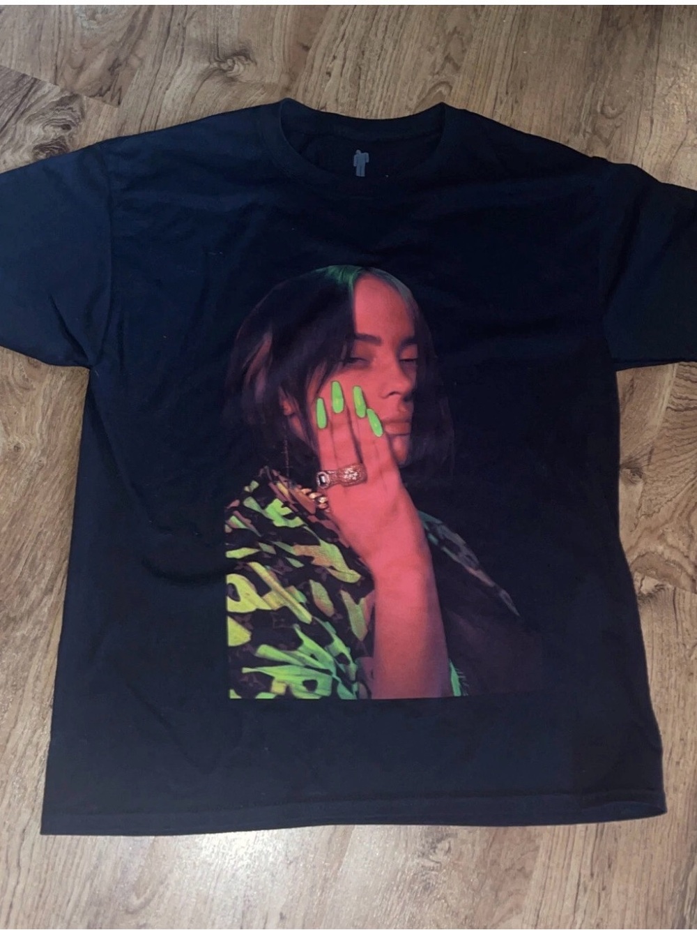 Black Graphic Tee with Neon Green Photo Print